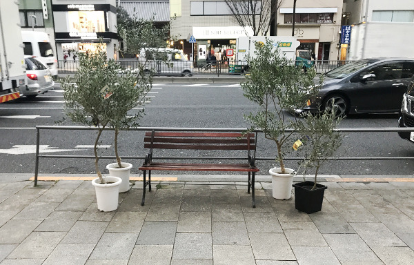 店舗外に置いてあるベンチ 花市場 青山店